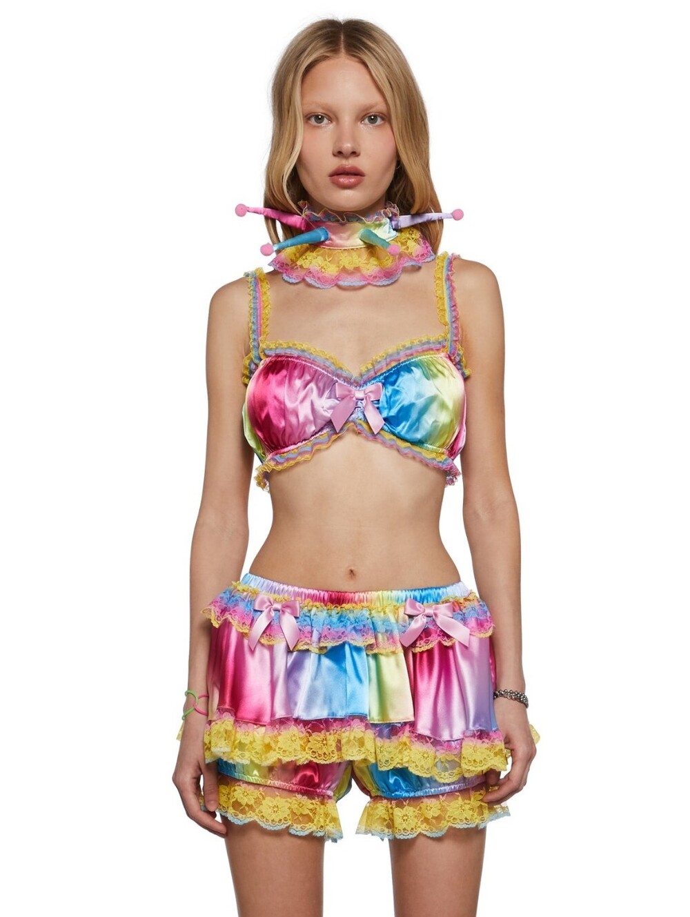 Rainbow Satin Lace Bralette Short Skort Set Multicolor XXL Dolls Kill Trickery
